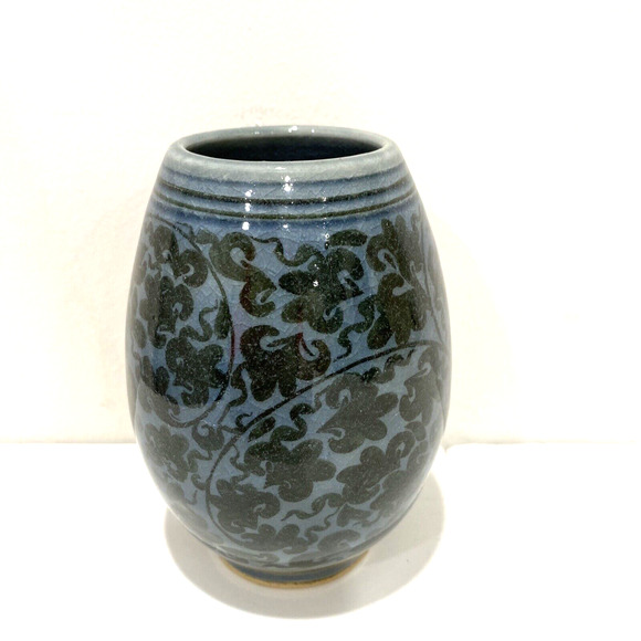 Vintage Art Pottery Mini or Bud Vase Handpainted Blue Brown Floral Glossy Signed - Picture 8 of 10